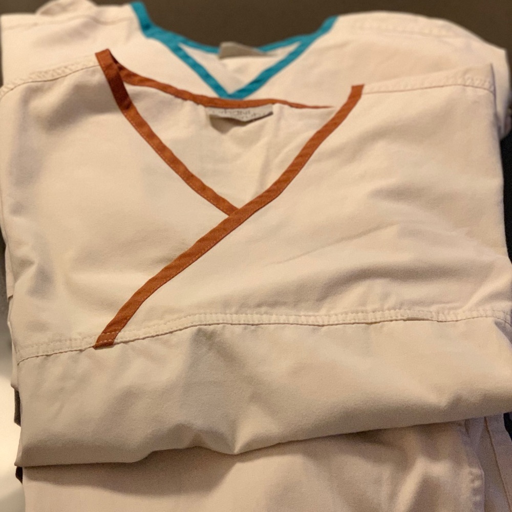 Urbane Scrub Set Almond colored with 2 scrub tops